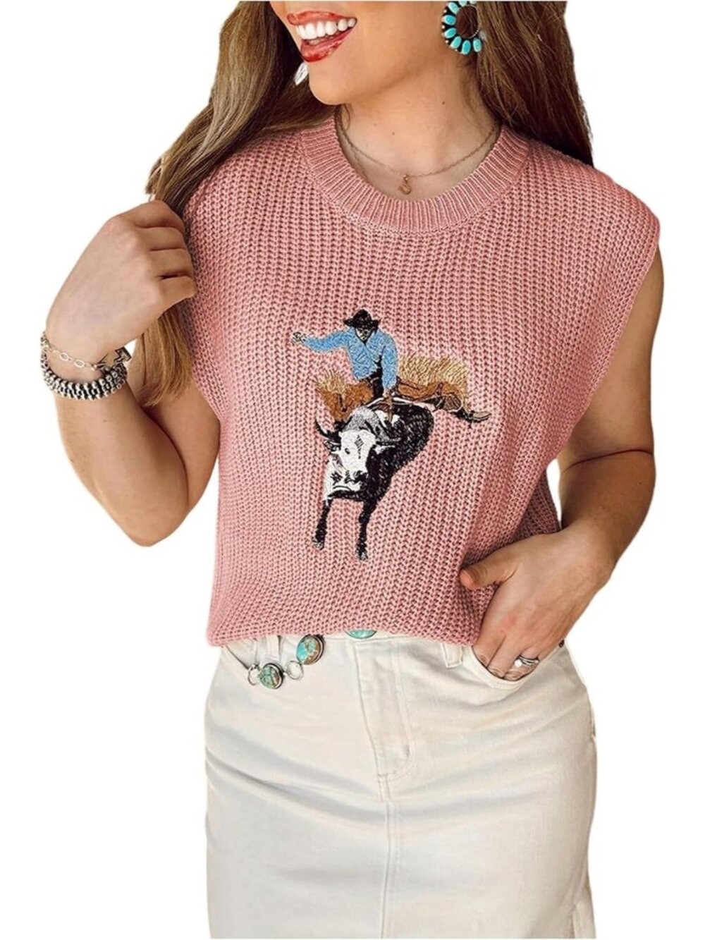 Women's Pink Ribbed Knit Cap Sleeve Western Cowboy Embroidered Sweater Tank Top